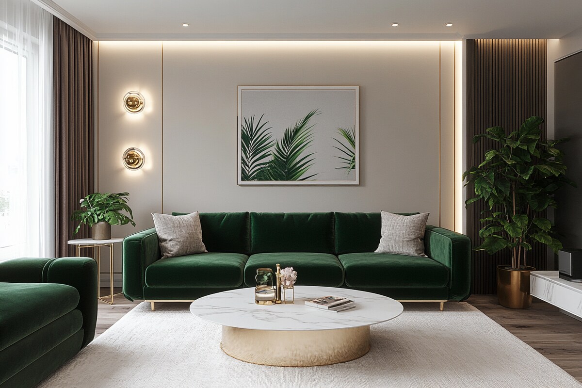 Modern Living Room Design with Green Velvet Sofa and Marble Table Modern Living Room Design with Green Velvet Sofa and Marble Table